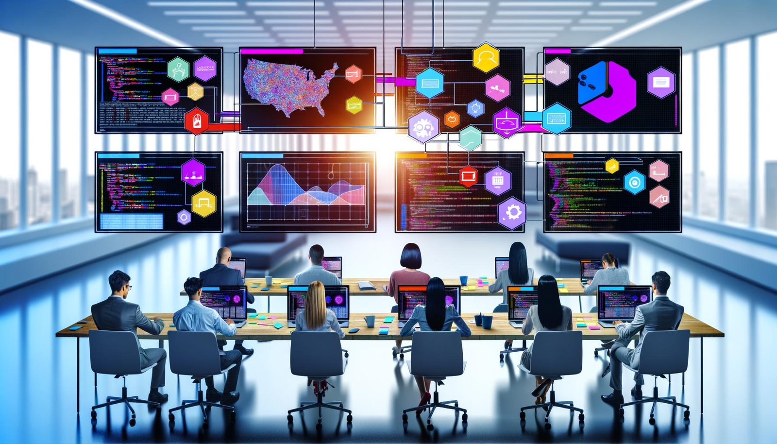 Marketing-Team in modernem Büro, das auf Laptops bunte Jupyter Notebooks mit Diagrammen, Code und Dashboards betrachtet; digitaler Workflow und Dashboard im Vordergrund.