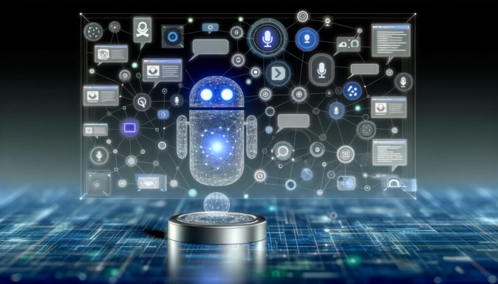 Futuristische Darstellung eines transparenten, vernetzten Sprachassistenten mit modularem Interface, umgeben von Symbolen für APIs, Datenströme, Dialoge und smarte Geräte auf blau-silbernem Hintergrund.