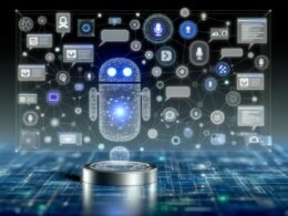 Futuristische Darstellung eines transparenten, vernetzten Sprachassistenten mit modularem Interface, umgeben von Symbolen für APIs, Datenströme, Dialoge und smarte Geräte auf blau-silbernem Hintergrund.