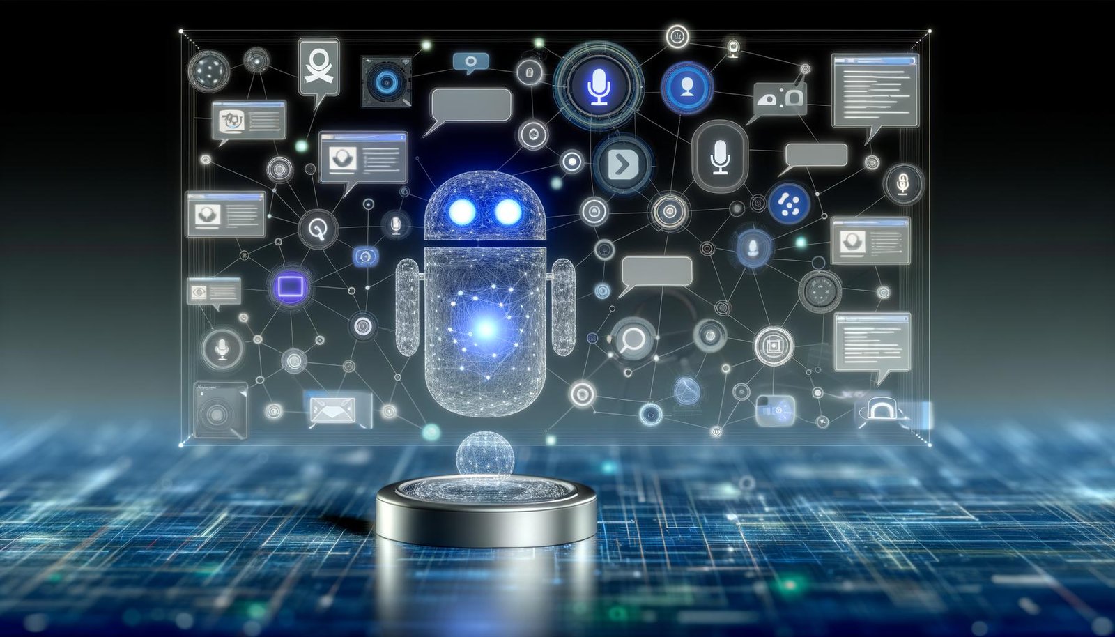 Futuristische Darstellung eines transparenten, vernetzten Sprachassistenten mit modularem Interface, umgeben von Symbolen für APIs, Datenströme, Dialoge und smarte Geräte auf blau-silbernem Hintergrund.