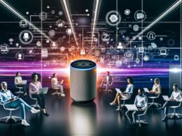 Menschen verschiedener Altersgruppen bedienen in einem modernen Büro mittels Sprache Smart Speaker, Smartphone, Laptop und Tablet, umgeben von digitalen Symbolen für KI, SEO und Analytics.