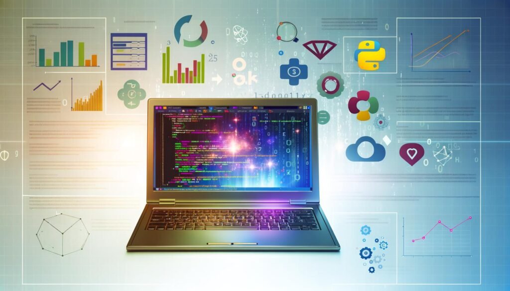 Laptop mit Jupyter Notebook, farbigen Diagrammen und Datentabellen, umgeben von Social Media Icons und zerfallenden Marketing-Logos vor leuchtendem, digitalem Hintergrund.