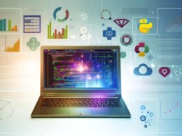 Laptop mit Jupyter Notebook, farbigen Diagrammen und Datentabellen, umgeben von Social Media Icons und zerfallenden Marketing-Logos vor leuchtendem, digitalem Hintergrund.