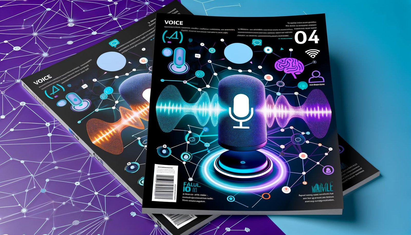 Modernes Magazin-Cover mit einem stilisierten Sprachassistenten-Lautsprecher, leuchtenden Schallwellen und Icons für Künstliche Intelligenz, APIs sowie Sprechblasen in dunklen, violetten und neon-orangenen Farbtönen.