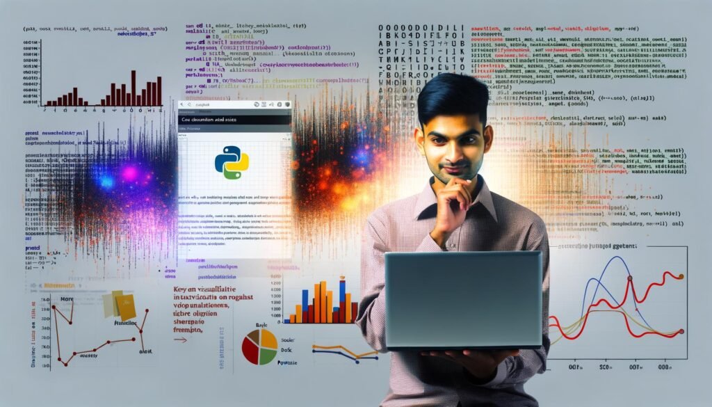 Data Scientist vor offenem Jupyter Notebook mit bunten Diagrammen, Code im Hintergrund und Icons von Matplotlib, Seaborn, Plotly, Bokeh, Altair; verblassende Excel- und PowerPoint-Charts im Hintergrund.