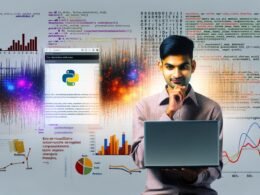 Data Scientist vor offenem Jupyter Notebook mit bunten Diagrammen, Code im Hintergrund und Icons von Matplotlib, Seaborn, Plotly, Bokeh, Altair; verblassende Excel- und PowerPoint-Charts im Hintergrund.