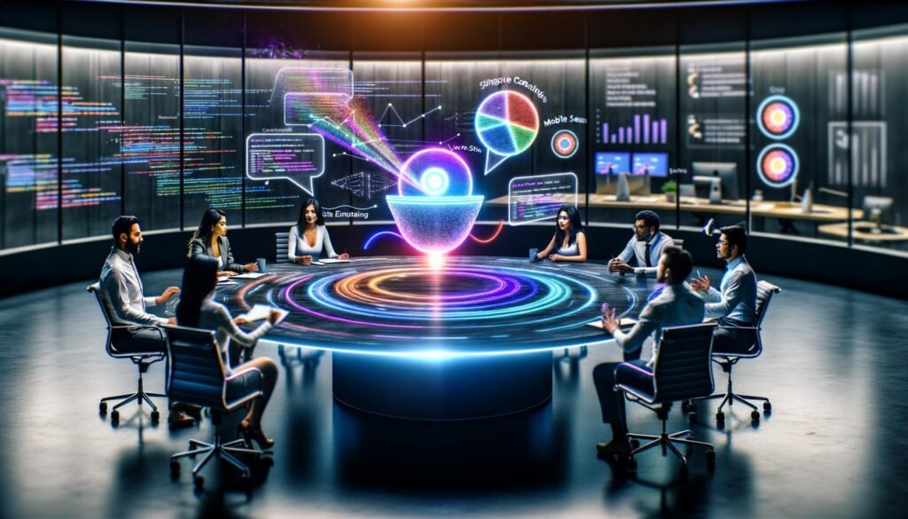 Futuristisches Büro mit diversen SEO-Expert:innen um einen Touchscreen-Tisch, Sprachassistent-Icon im Zentrum, Hologramme von Smart Speakern und Sprachsuchanfragen in Sprechblasen, im Hintergrund Diagramme zu strukturierten Daten und Keywords.