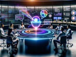 Futuristisches Büro mit diversen SEO-Expert:innen um einen Touchscreen-Tisch, Sprachassistent-Icon im Zentrum, Hologramme von Smart Speakern und Sprachsuchanfragen in Sprechblasen, im Hintergrund Diagramme zu strukturierten Daten und Keywords.