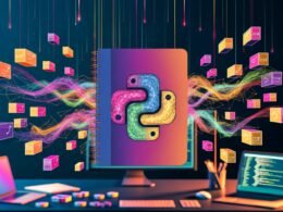 Stilisiertes Jupyter-Notebook im Zentrum mit bunten Codeblöcken, Visualisierungen und Diagrammen, die vom Chaos zu geordneten Strukturen übergehen, vor futuristischem Hintergrund.