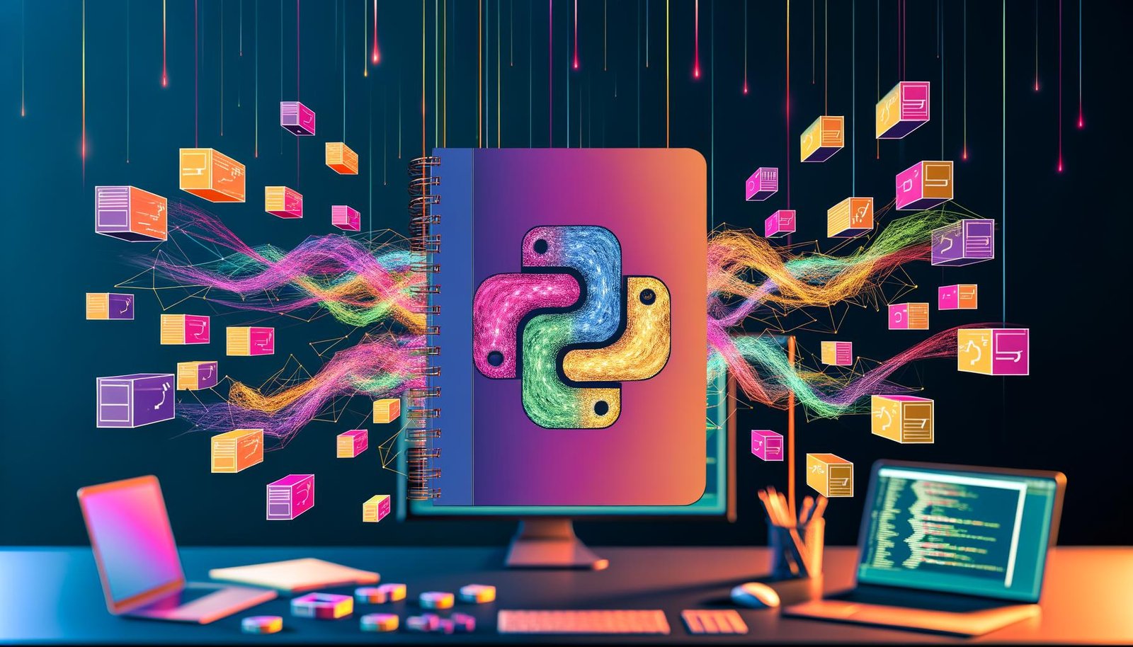 Stilisiertes Jupyter-Notebook im Zentrum mit bunten Codeblöcken, Visualisierungen und Diagrammen, die vom Chaos zu geordneten Strukturen übergehen, vor futuristischem Hintergrund.