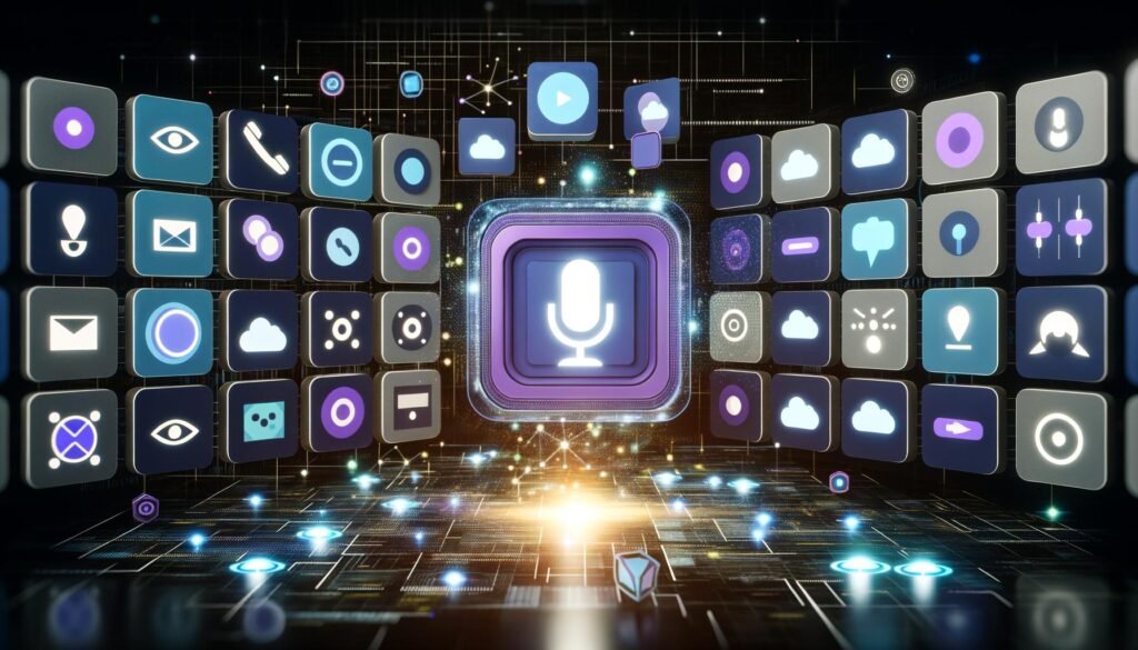 Futuristisches User Interface mit abstrahierten Smart Speakern, Sprachassistenten-Symbolen, modularen Content-Kacheln und digitalen Datenströmen in einem technisch-dunklen Raum, der KI-Vernetzung und Multichannel-Kommunikation darstellt.