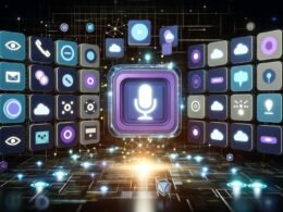 Futuristisches User Interface mit abstrahierten Smart Speakern, Sprachassistenten-Symbolen, modularen Content-Kacheln und digitalen Datenströmen in einem technisch-dunklen Raum, der KI-Vernetzung und Multichannel-Kommunikation darstellt.