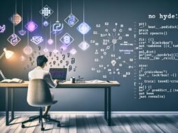 Stilisierter Arbeitsplatz eines Data Scientists, der mit Laptop und offenen Python-Tools wie scikit-learn arbeitet. Auf dem Bildschirm sind exemplarische Code-Snippets, bunte Datenvisualisierungen und Notizen mit dem Slogan 'No Hype. No Blackbox. Just Results.' zu sehen, im Hintergrund Algorithmen-Skizzen auf Whiteboard.