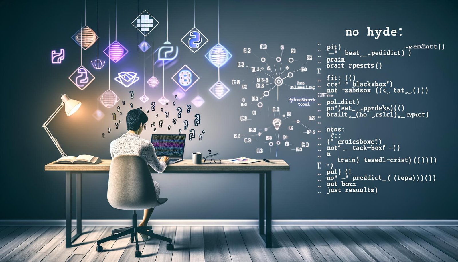 Stilisierter Arbeitsplatz eines Data Scientists, der mit Laptop und offenen Python-Tools wie scikit-learn arbeitet. Auf dem Bildschirm sind exemplarische Code-Snippets, bunte Datenvisualisierungen und Notizen mit dem Slogan 'No Hype. No Blackbox. Just Results.' zu sehen, im Hintergrund Algorithmen-Skizzen auf Whiteboard.