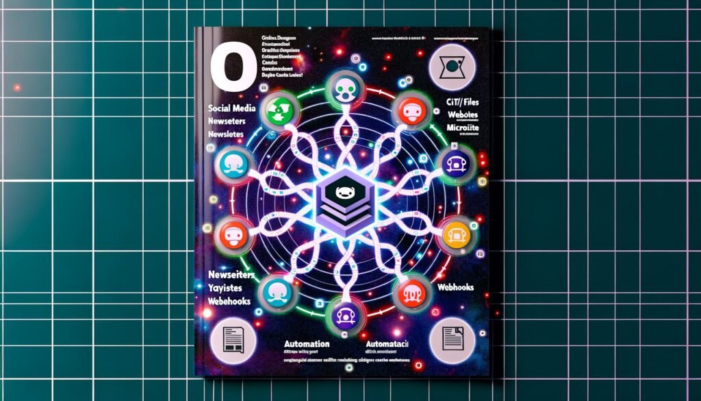 Visualisierung eines digitalen Kontrollzentrums mit GitHub Pages im Zentrum, umgeben von verbundenen Kanälen wie Social Media, Newsletter, Websites und Microsites, mit Symbolen für Automatisierung und CI/CD.