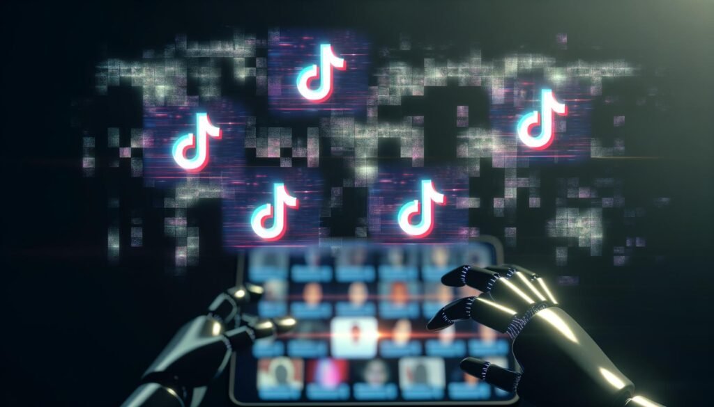 Abstrakte Collage mit leuchtenden TikTok-Logos, Zensurbalken, Roboterhänden und verschwommenen Gesichtern vor dunklem Hintergrund