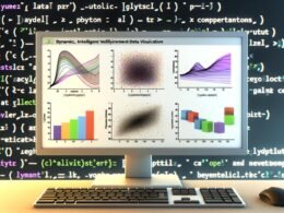 Professioneller Computerbildschirm mit mehreren Matplotlib-Diagrammen und halbtransparenter Python-Codezeile im Hintergrund.