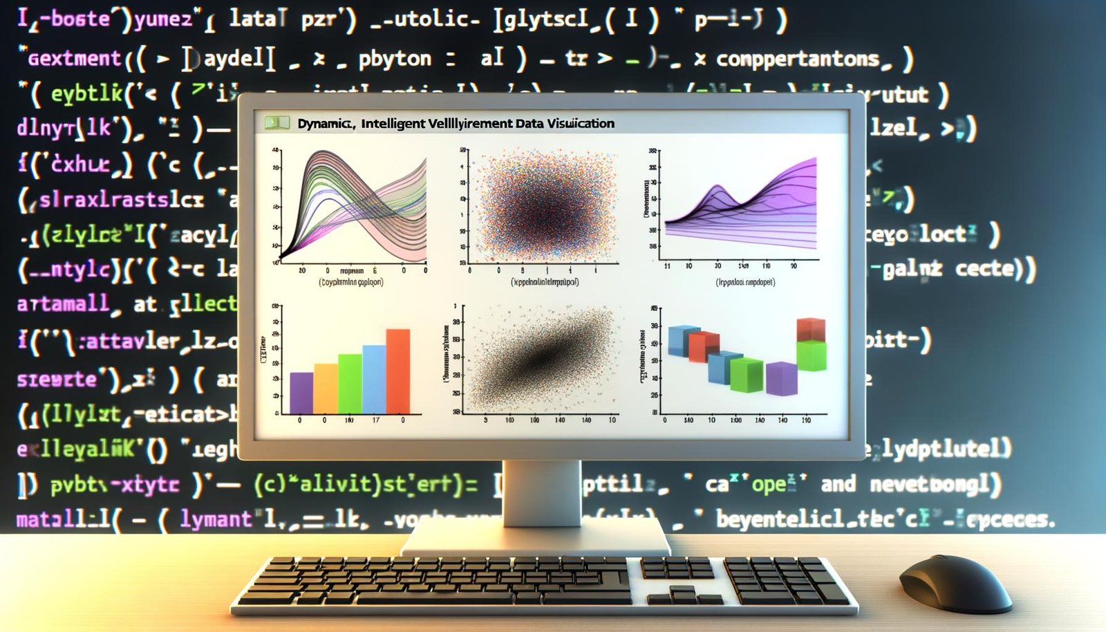 Professioneller Computerbildschirm mit mehreren Matplotlib-Diagrammen und halbtransparenter Python-Codezeile im Hintergrund.