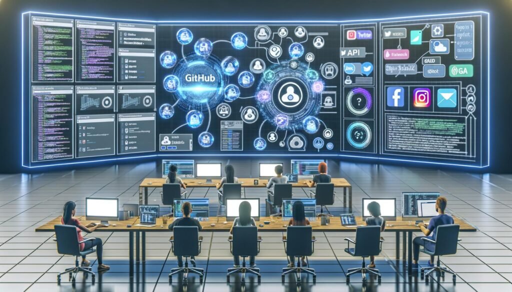 Futuristisches Büro mit zentraler digitaler Schaltzentrale, mehreren Monitoren mit GitHub Pages, Social-Media-Icons und API-Verknüpfungen, umgeben von Tech-Marketing-Teams, leuchtende Datenströme zwischen Bildschirmen und vernetzte Kanäle im Hintergrund.