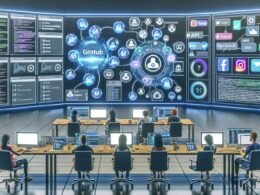 Futuristisches Büro mit zentraler digitaler Schaltzentrale, mehreren Monitoren mit GitHub Pages, Social-Media-Icons und API-Verknüpfungen, umgeben von Tech-Marketing-Teams, leuchtende Datenströme zwischen Bildschirmen und vernetzte Kanäle im Hintergrund.