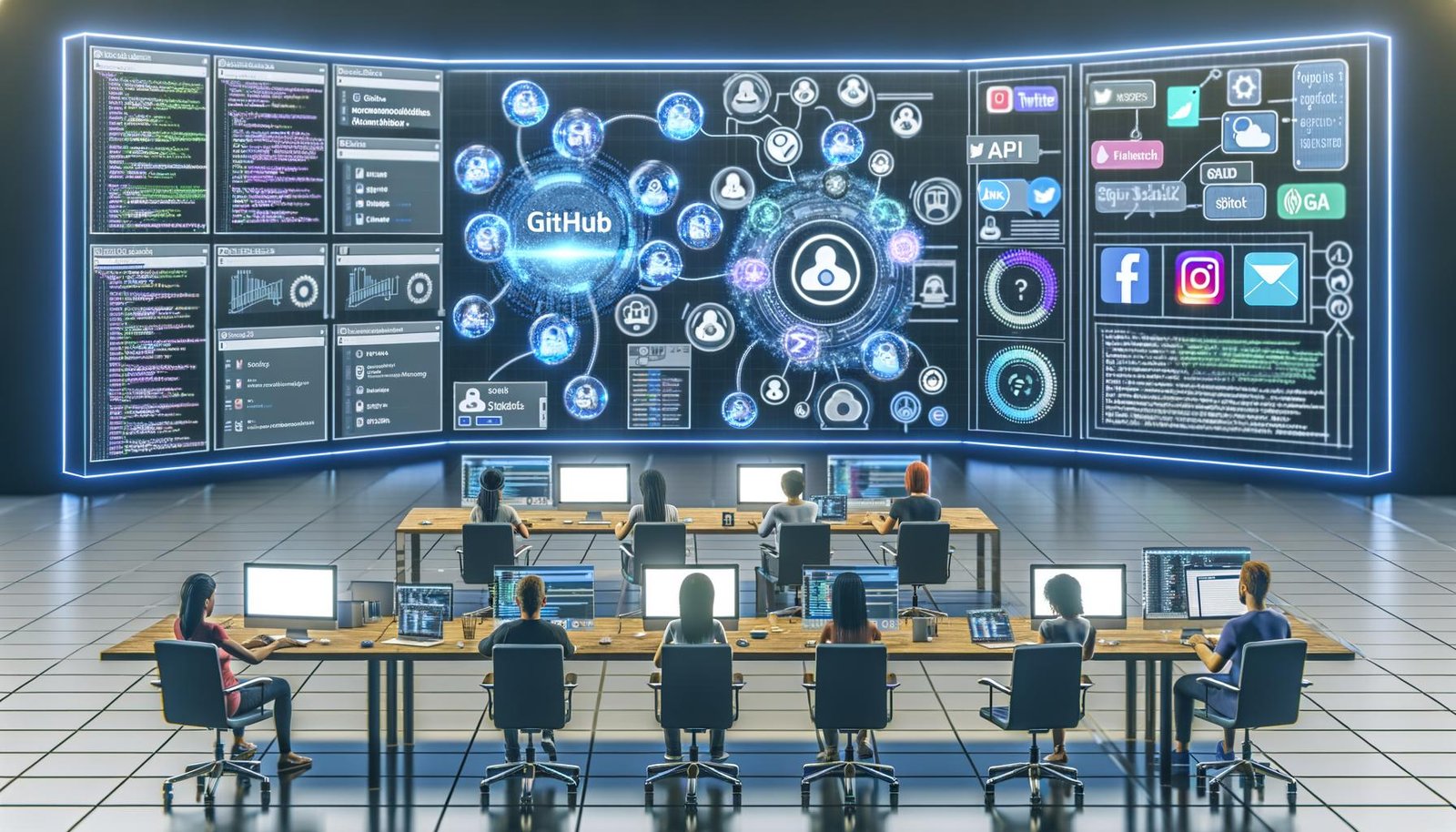 Futuristisches Büro mit zentraler digitaler Schaltzentrale, mehreren Monitoren mit GitHub Pages, Social-Media-Icons und API-Verknüpfungen, umgeben von Tech-Marketing-Teams, leuchtende Datenströme zwischen Bildschirmen und vernetzte Kanäle im Hintergrund.