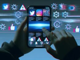 Ein Smartphone mit geöffneter TikTok-App, darüber dunkle Filter, zensierte politische Keywords und algorithmische Symbole im Hintergrund. Hände interagieren vergeblich mit dem Bildschirm, Atmosphäre ist kühl und dystopisch.
