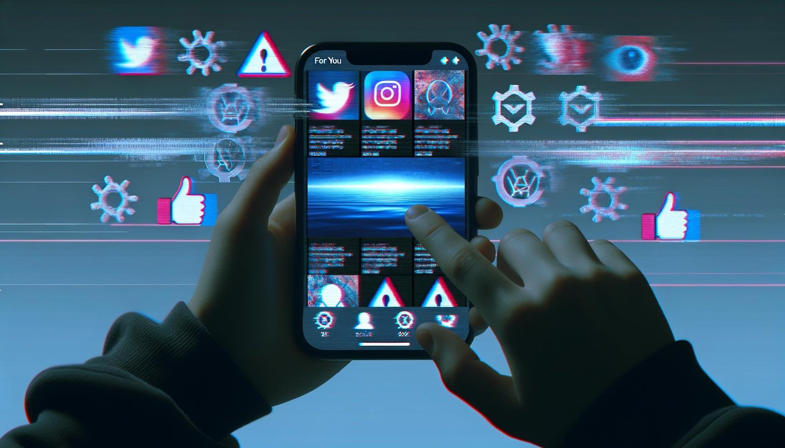 Ein Smartphone mit geöffneter TikTok-App, darüber dunkle Filter, zensierte politische Keywords und algorithmische Symbole im Hintergrund. Hände interagieren vergeblich mit dem Bildschirm, Atmosphäre ist kühl und dystopisch.