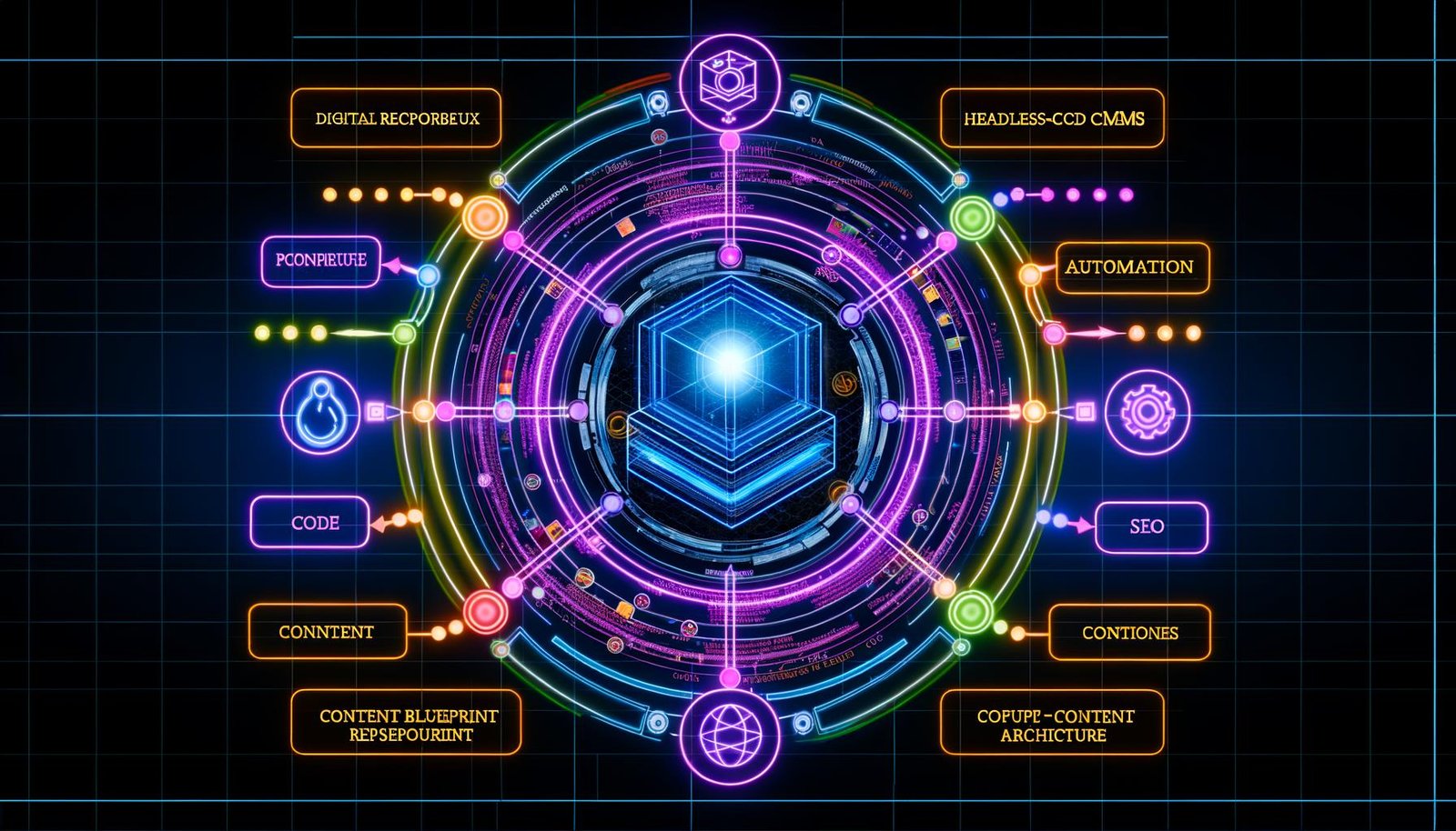 Futuristisches Content Blueprint mit zentralem GitHub-Repository, bunten Automatisierungs-Verbindungen, transparenten Code- und Content-Layern, moderner technischer Optik und Neon-Akzenten.