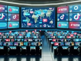 Hochmoderne digitale Kontrollzentrale mit Monitoren voller TikTok-Inhalte, Datenströmen, Warnsymbolen und Avataren, die KI-Algorithmen überwachen, im kühlen, dystopischen Farbdesign.