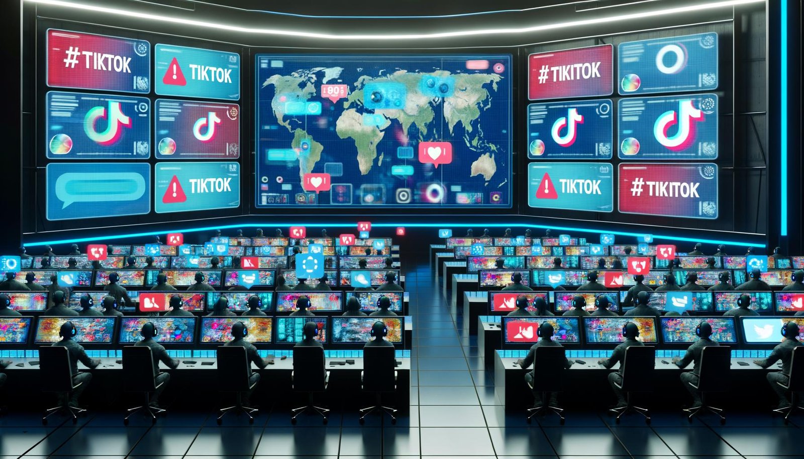 Hochmoderne digitale Kontrollzentrale mit Monitoren voller TikTok-Inhalte, Datenströmen, Warnsymbolen und Avataren, die KI-Algorithmen überwachen, im kühlen, dystopischen Farbdesign.