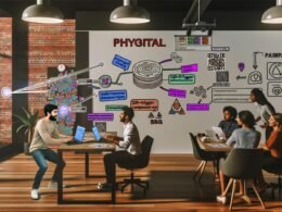 Dynamische Szene in einem Loft-Büro: Ein junger Mann am Laptop mit GitHub Pages, dahinter ein Team und ein Whiteboard voller Post-its mit digitalen Kampagnenbegriffen. Auf dem Tisch Flyer mit QR-Codes und Tablet mit Event-Landingpage.