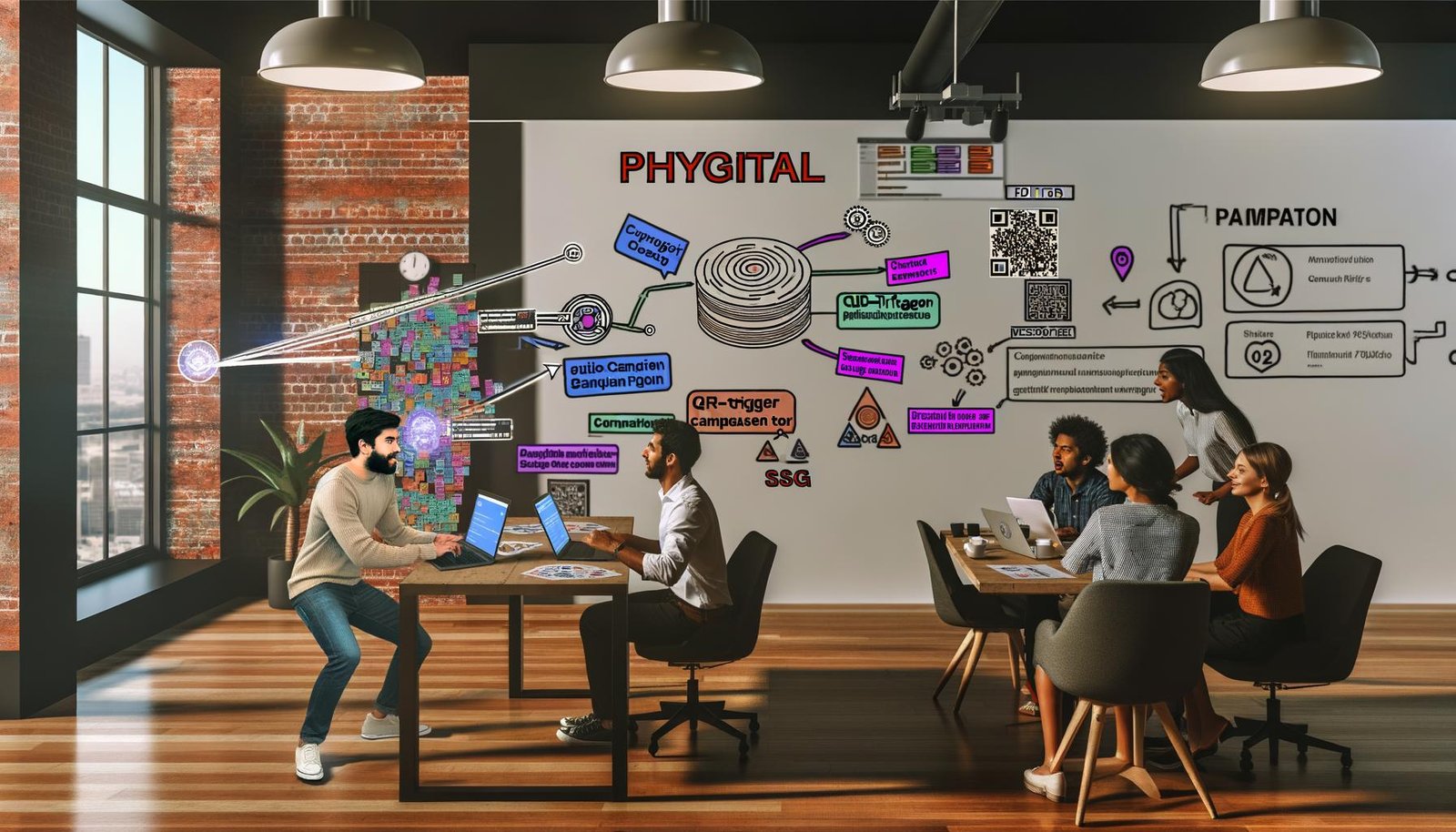 Dynamische Szene in einem Loft-Büro: Ein junger Mann am Laptop mit GitHub Pages, dahinter ein Team und ein Whiteboard voller Post-its mit digitalen Kampagnenbegriffen. Auf dem Tisch Flyer mit QR-Codes und Tablet mit Event-Landingpage.