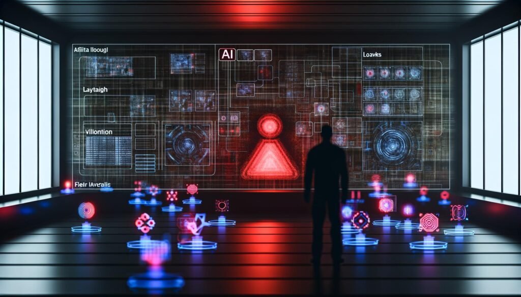 Futuristisches Kontrollzentrum mit TikTok-Displays, Schattenriss im Vordergrund, rote TikTok-Logo, digitale Datenströme, und ein Gefühl von Überwachung und Zensur.