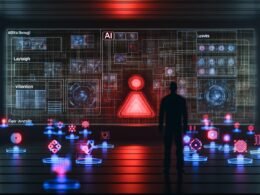 Futuristisches Kontrollzentrum mit TikTok-Displays, Schattenriss im Vordergrund, rote TikTok-Logo, digitale Datenströme, und ein Gefühl von Überwachung und Zensur.