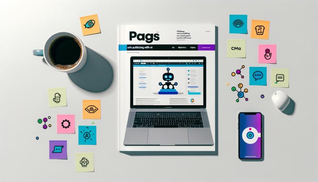Cleanes Titelbild im Magazin-Stil mit Schreibtisch, aufgeklapptem Laptop mit GitHub Pages Dashboard, Smartphone mit AI-Chat-Interface, Kaffeetasse, Post-Its mit Stichworten und farbigen AI-Tool-Icons, moderne digitale Atmosphäre.