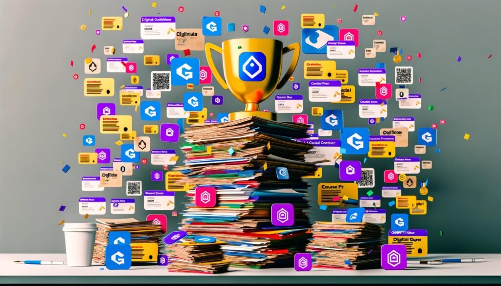 Satirisches Titelbild mit chaotischem Schreibtisch voller digitaler Zertifikate, Badges, PDF-Symbole, Kursanbieter-Logos im Hintergrund und einem goldenen Pokal mit der Aufschrift ‚Digital Guru 2024‘.