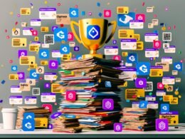 Satirisches Titelbild mit chaotischem Schreibtisch voller digitaler Zertifikate, Badges, PDF-Symbole, Kursanbieter-Logos im Hintergrund und einem goldenen Pokal mit der Aufschrift ‚Digital Guru 2024‘.