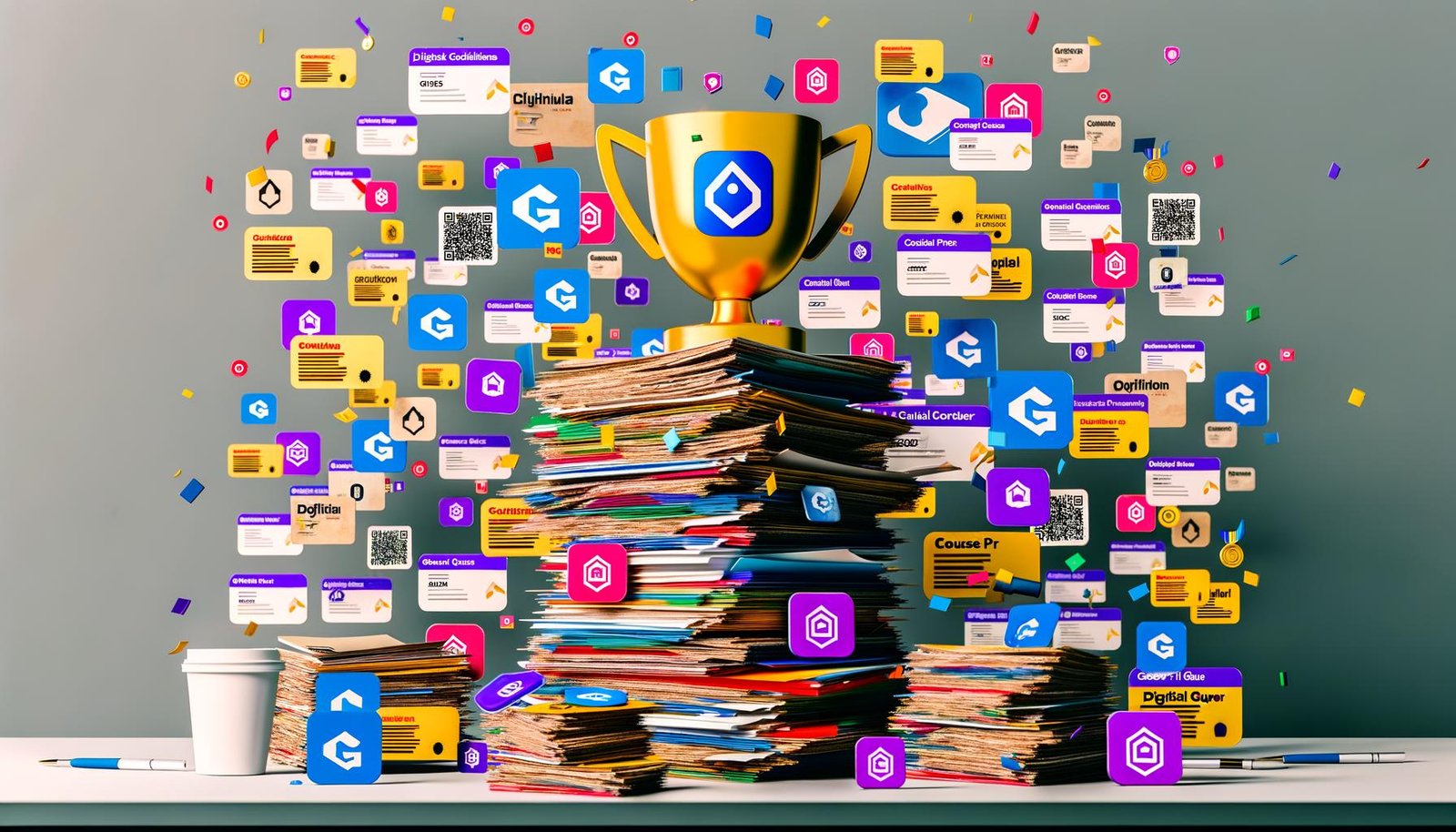 Satirisches Titelbild mit chaotischem Schreibtisch voller digitaler Zertifikate, Badges, PDF-Symbole, Kursanbieter-Logos im Hintergrund und einem goldenen Pokal mit der Aufschrift ‚Digital Guru 2024‘.