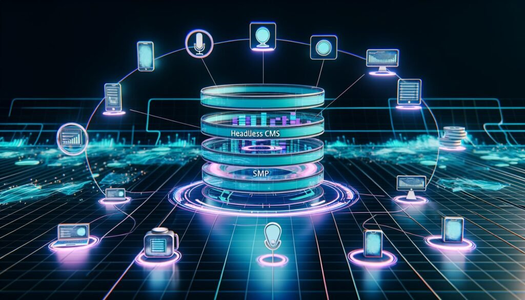 Schematische Darstellung eines modularen Voice Content Stacks mit Komponenten für Sprach-Content, verbunden mit Smart Devices wie Lautsprecher, Smartphone, Smartwatch, Auto-Display und Laptop in futuristischer Umgebung.