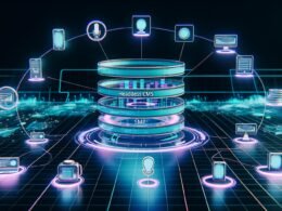 Schematische Darstellung eines modularen Voice Content Stacks mit Komponenten für Sprach-Content, verbunden mit Smart Devices wie Lautsprecher, Smartphone, Smartwatch, Auto-Display und Laptop in futuristischer Umgebung.