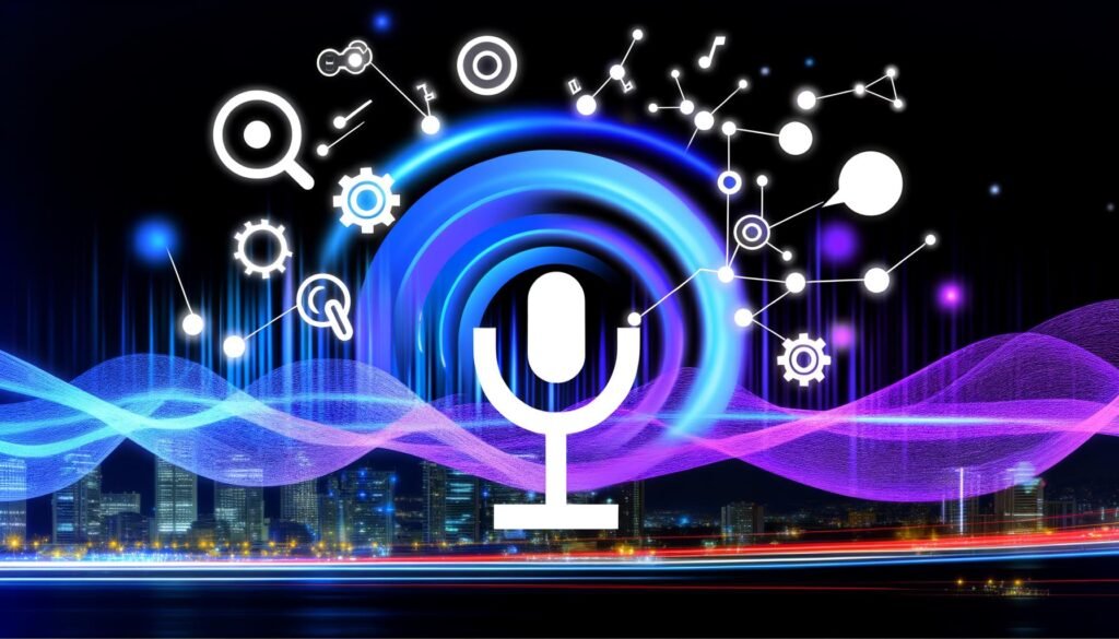 Futuristisches Titelbild mit stilisiertem Sprachassistent, dynamischen blauen und violetten Schallwellen sowie Symbolen für SEO, strukturierte Daten und Sprachinterfaces vor moderner Stadt bei Nacht.