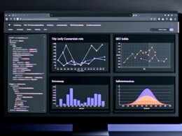 Modernes, dunkles Online-Marketing Dashboard mit vier Matplotlib Diagrammen: Liniendiagramm, Balkendiagramm, Heatmap und Scatterplot, Python-Code im Hintergrund und interaktiven Filtern an der Seite.