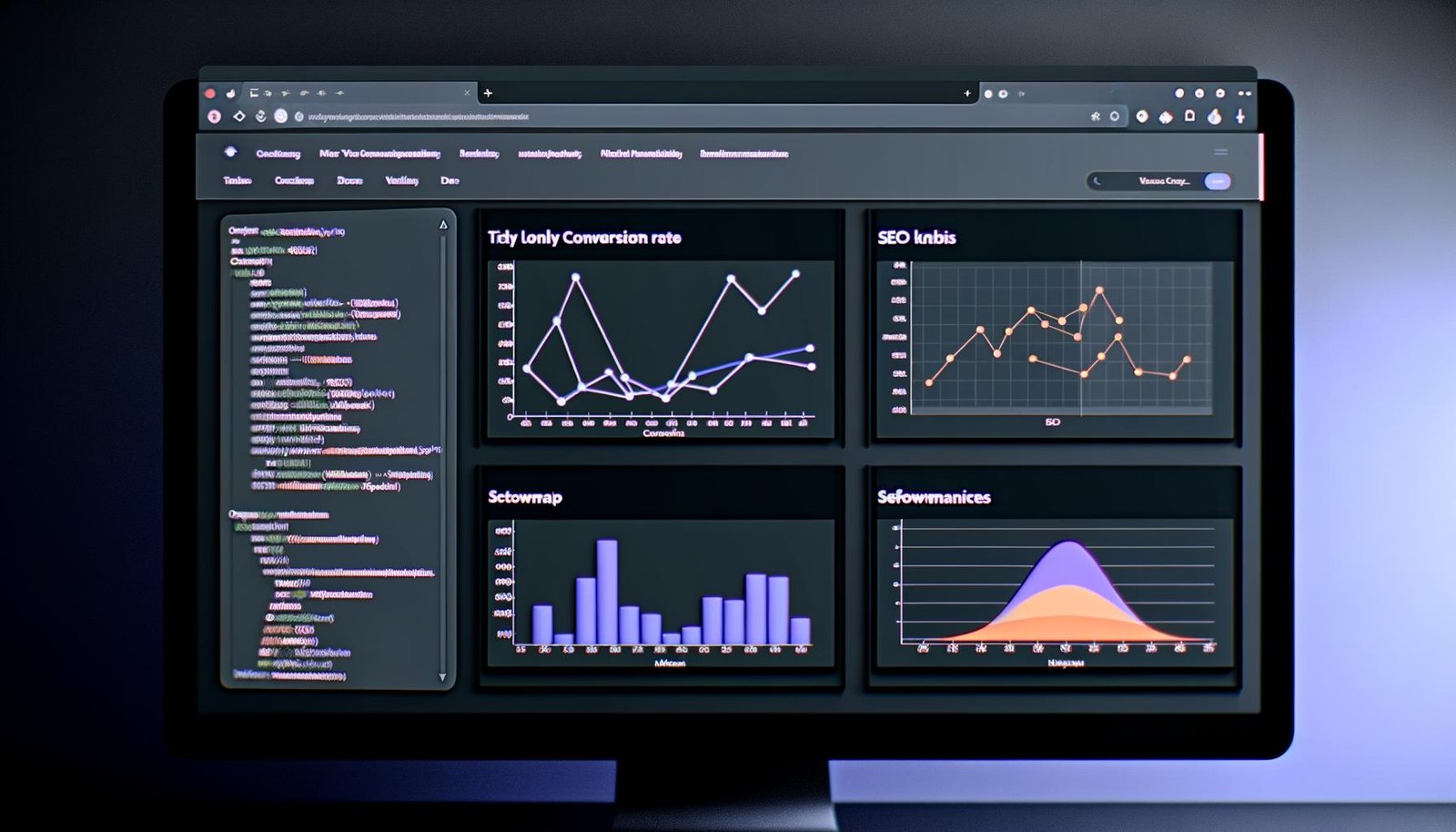 Modernes, dunkles Online-Marketing Dashboard mit vier Matplotlib Diagrammen: Liniendiagramm, Balkendiagramm, Heatmap und Scatterplot, Python-Code im Hintergrund und interaktiven Filtern an der Seite.