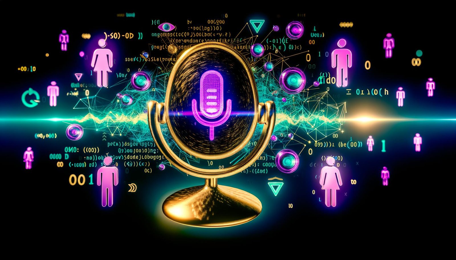 Futuristisches Motiv mit goldenem Mikrofon, digitalen Datenströmen, Markup-Symbolen und Sprachassistenten-Icons auf dunklem Neon-Hintergrund für Voice SEO.