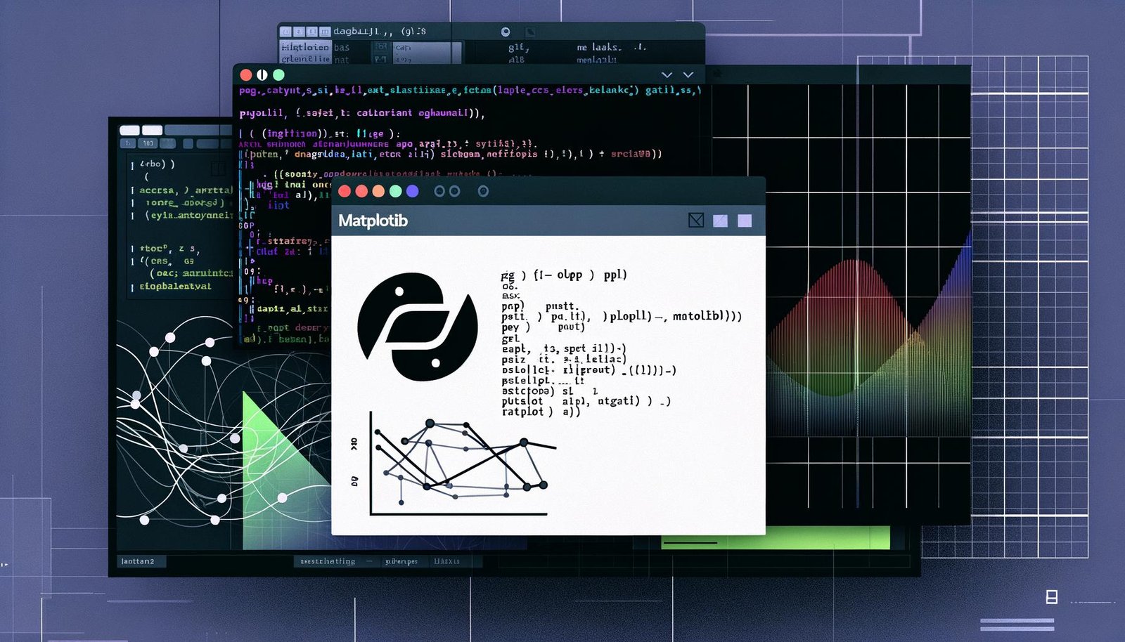 Python-Code-Editor mit Matplotlib-Skript, OOP-Aufrufen wie fig, ax = plt.subplots() und ax.plot(), eingerahmt von transparenten, technisch-abstrakten Datenvisualisierungen auf dunklem Hintergrund mit glitchigen Effekten und großem Matplotlib-Logo.