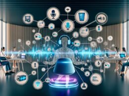 Futuristische Tech-Startup-Büroszene mit Teammitgliedern, die mit holografischen Anzeigen, Sprachassistenten und digitalen Geräten interagieren; im Raum schwebt ein leuchtendes Netzwerk für KI-Sprachsysteme.