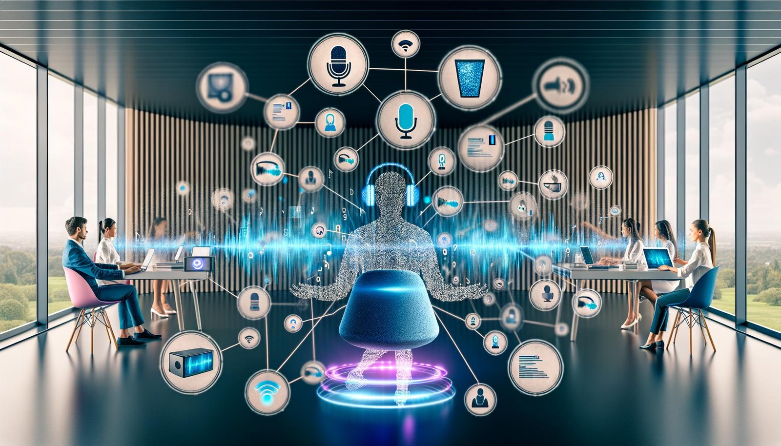 Futuristische Tech-Startup-Büroszene mit Teammitgliedern, die mit holografischen Anzeigen, Sprachassistenten und digitalen Geräten interagieren; im Raum schwebt ein leuchtendes Netzwerk für KI-Sprachsysteme.