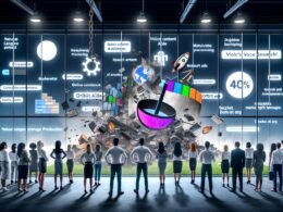 Überraschtes Team aus Marketing und Entwicklung vor digitaler Anzeigetafel mit Sprachassistenten-Icons, während ein Symbol für Voice Content Technologie alte Textinhalte und klassische SEO zerstört.