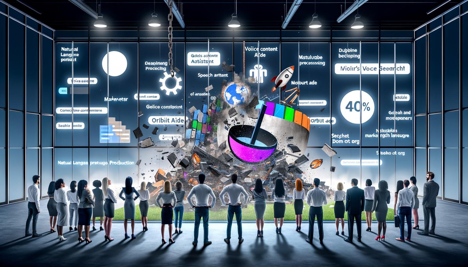 Überraschtes Team aus Marketing und Entwicklung vor digitaler Anzeigetafel mit Sprachassistenten-Icons, während ein Symbol für Voice Content Technologie alte Textinhalte und klassische SEO zerstört.