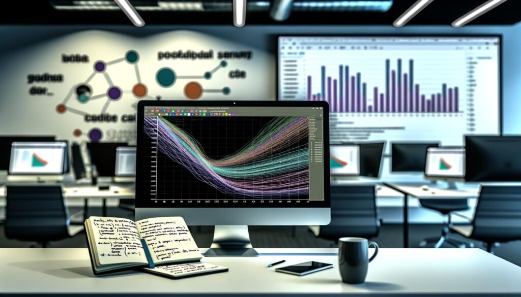 Ein moderner Büroraum mit Hauptfokus auf einen Monitor, der ein detailliertes Matplotlib-Liniendiagramm in Python zeigt. Um den Bildschirm liegen Notizblöcke, Kaffeetassen und technische Gadgets. Im unscharfen Hintergrund sind graue, standardisierte Balkendiagramme sichtbar.